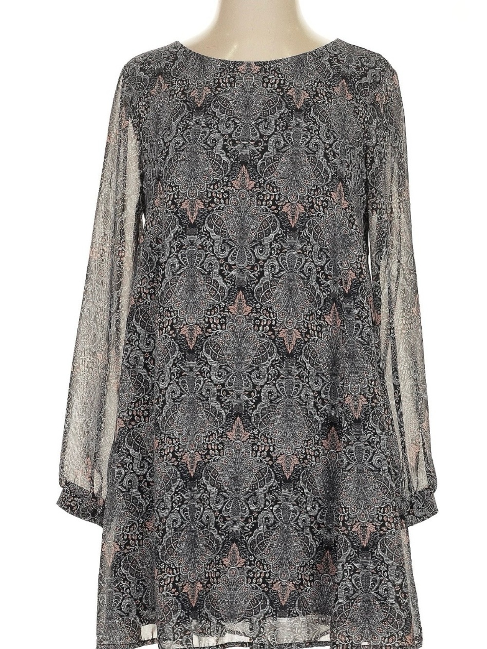 ASTR Anthro Paisley Lacey Pattern Mini Dress in Gray & Pink with Sheer Sleeves - Picture 4 of 9